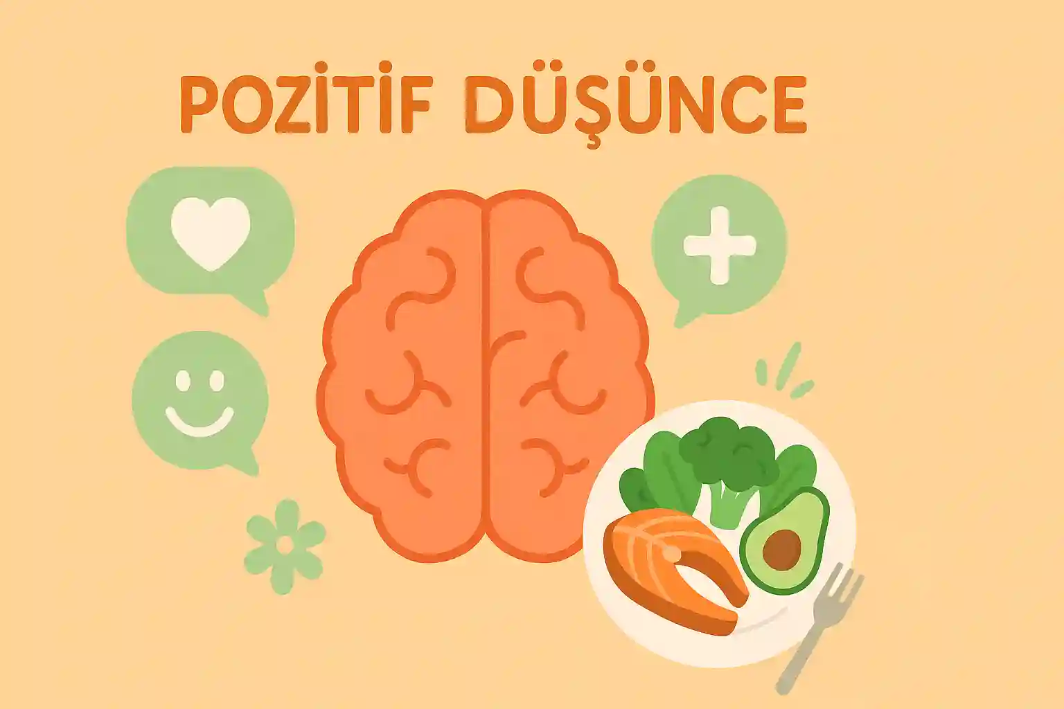 Beyin simgesi etrafında pozitif düşünce baloncukları ve bir tabak sağlıklı yemek ile birleşen bir illüstrasyon, pastel turuncu ve açık yeşil tonlarda.