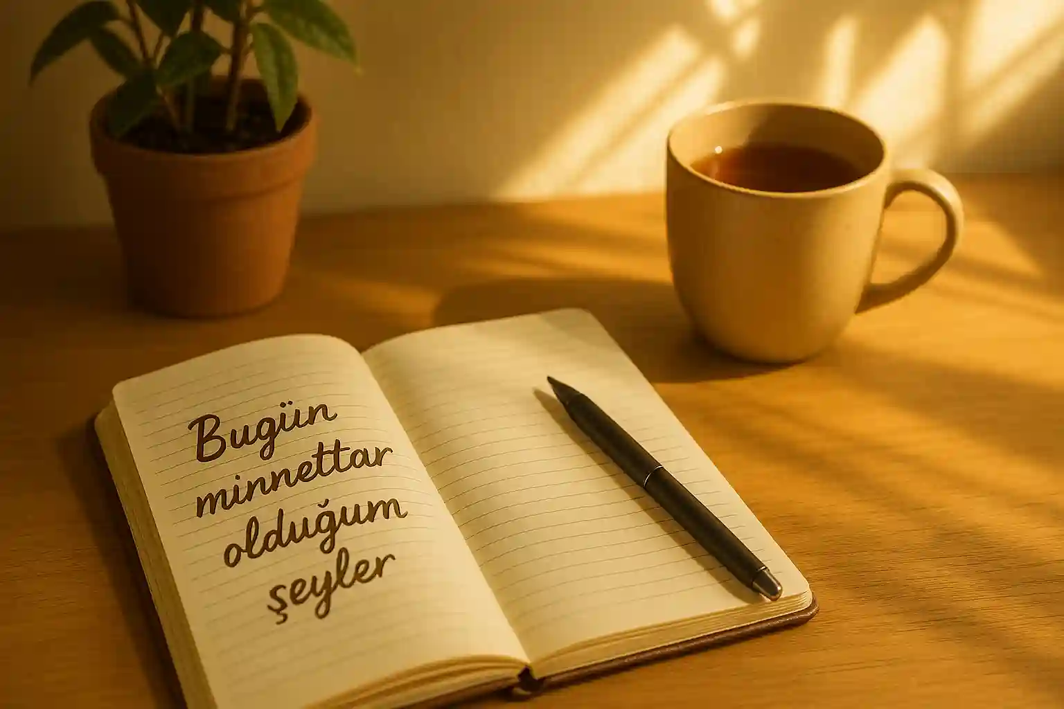 Açık kahverengi ve sarı tonlarında bir çalışma masası. Açık bir defter, yanında bir kalem ve sıcak bir çay fincanı. Sayfada el yazısıyla;Bugün minnettar olduğum şeyler; yazıyor. Arka planda bir bitki ve güneş ışığı.
