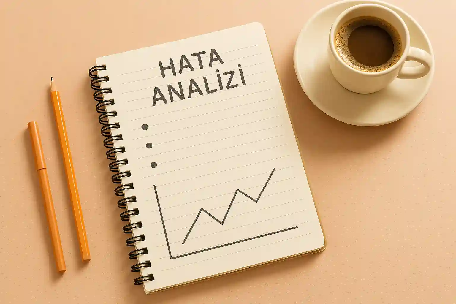 Masa üstünde düzenli bir not defteri, kalemler ve bir kahve fincanı; defterin sayfasında 'HATA ANALİZİ' başlığı altında madde işaretleri ve çizgili grafikler; pastel turuncu ve krem tonları hakim; arka planda yumuşak ışık.