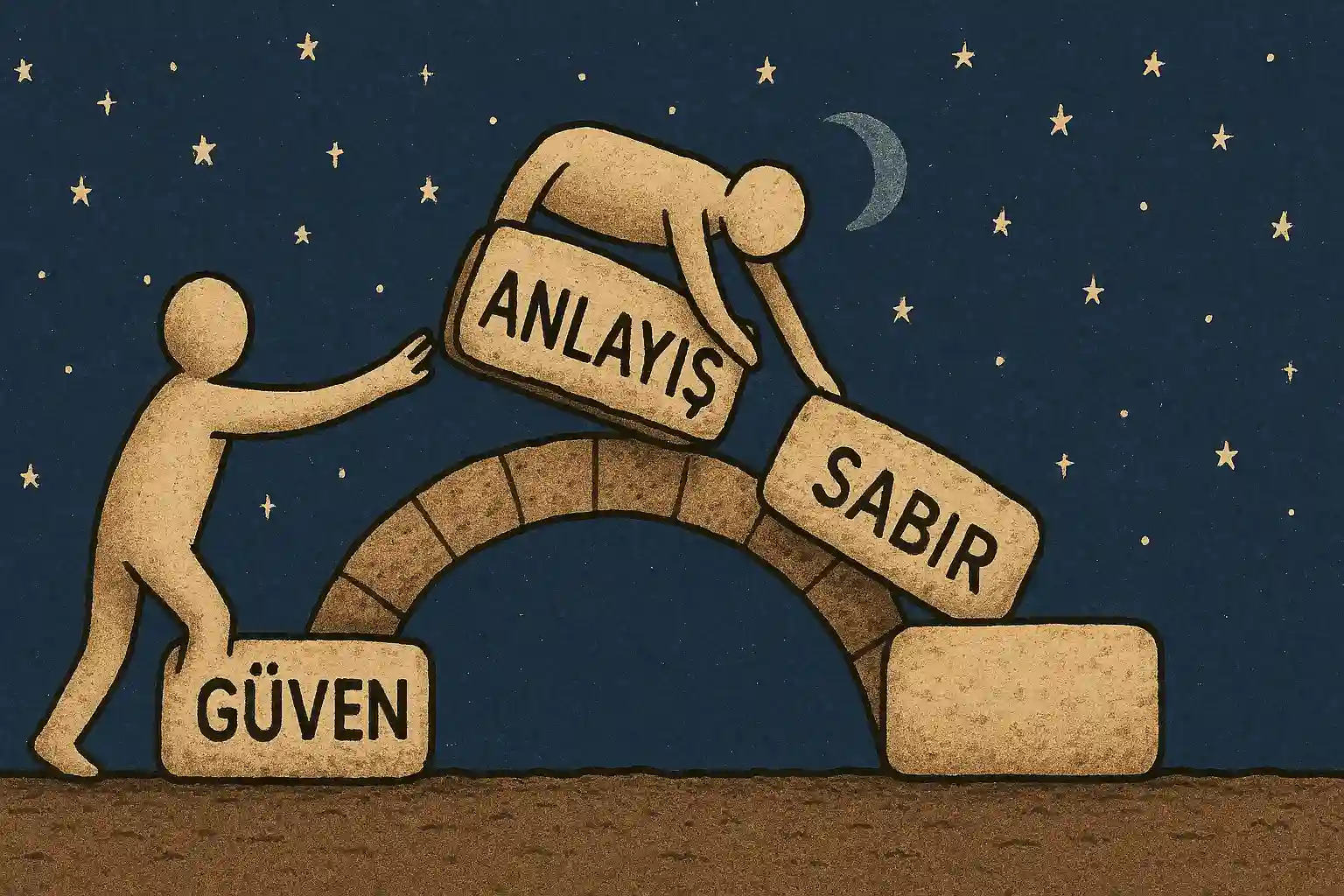 İki figürün birlikte bir köprüyü inşa ettiği, her taşın üzerine ‘güven’, ‘anlayış’, ‘sabır’ yazdığı, arka planda gökyüzünde yıldızlarla süslü bir gece manzarası.