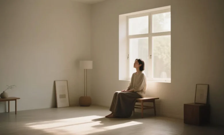 Sade bir odada ışık dolu pencere önünde oturan bir kişi, etrafında sade eşyalar, huzurlu bir atmosfer. Minimalizm felsefesini yansıtan bir sahne.
