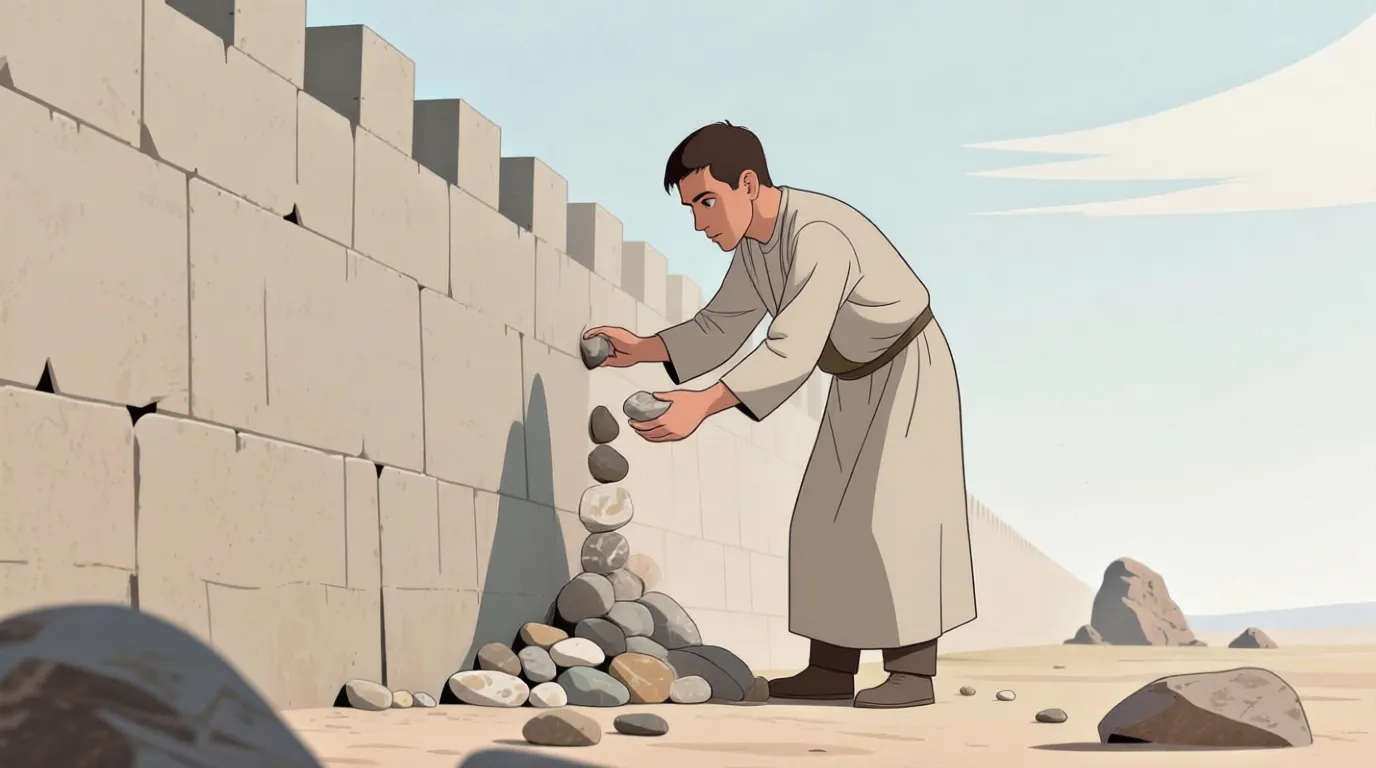 Bir adam, küçük taşları biriktirerek büyük bir duvar inşa ediyor, sembolik bir ilüstrasyon