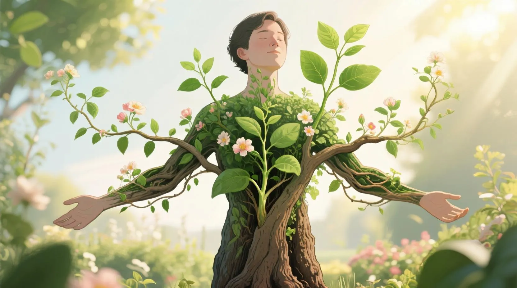 Bir kişi, çevresindeki olumlu etkilerle birlikte gelişen bir bitki gibi gösteriliyor