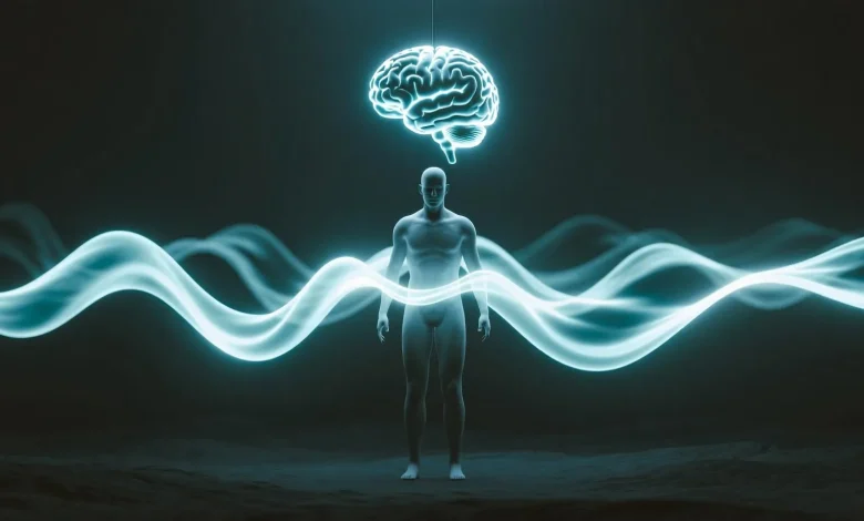 Bilinçaltının insan davranışları üzerindeki gizli etkisini simgeleyen, karanlık bir zeminde parlayan beyin ve dalgalı ışıklarla çevrelenmiş bir insan figürü