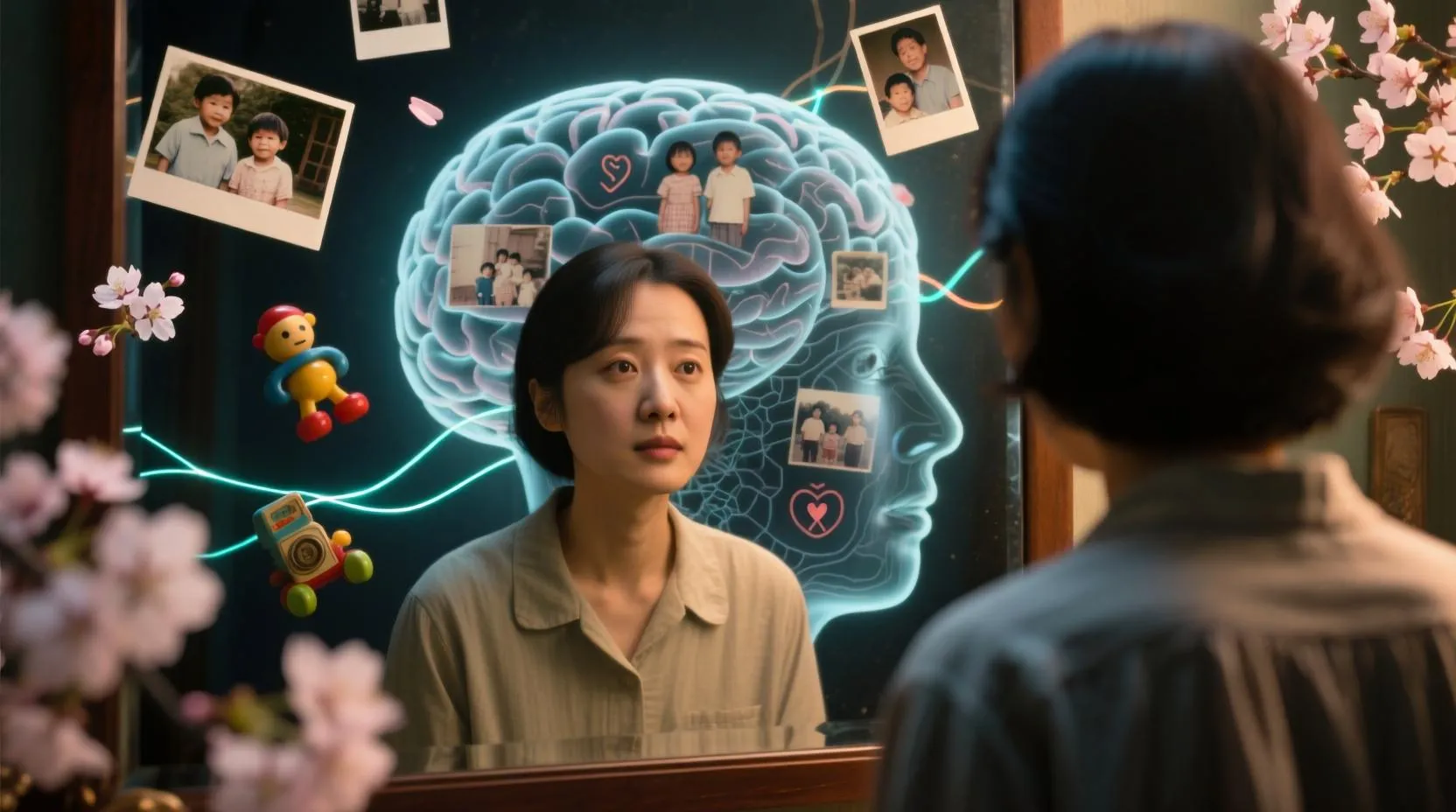 Bir kişinin aynada yansımasını görürken, yansımanın arkasında geçmiş anılar, çocukluk sahneleri ve duygusal sembollerle kaplı bir zihin haritası