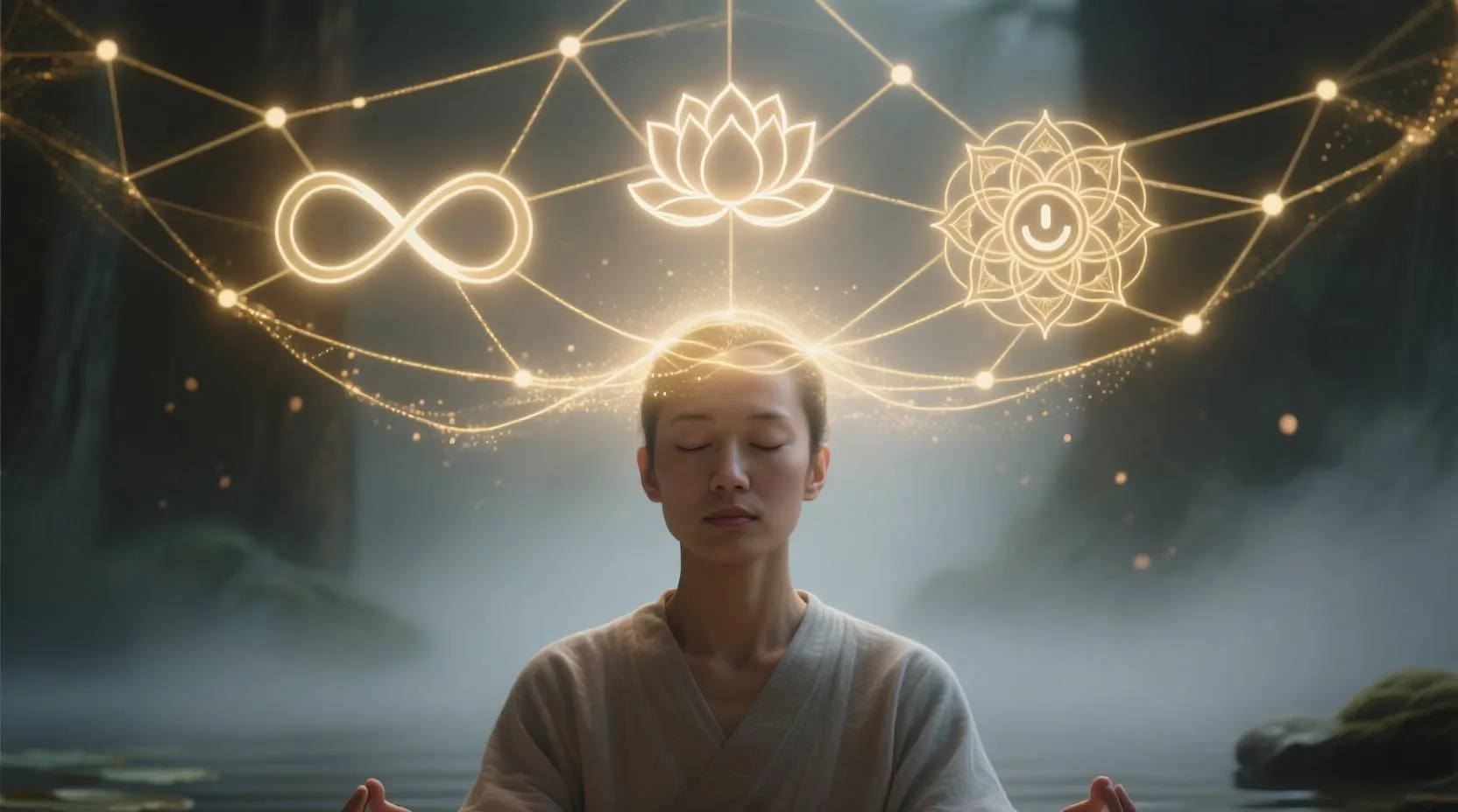 Bir kişinin gözlerini kapalı tutarken, kafasının üzerinde pozitif sembollerle dolu ışıklı bir ağ oluşuyor, meditasyon ve bilinçaltı bağlantısı vurgulanıyor
