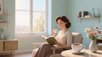 Mutlu bir kadın, pencere kenarında çay içerken sabah ışığında kitap okuyor, etrafı minimal bir iç mekân tasarımıyla dolu, huzurlu bir atmosfer