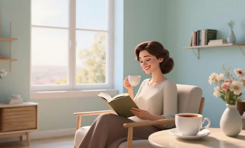 Mutlu bir kadın, pencere kenarında çay içerken sabah ışığında kitap okuyor, etrafı minimal bir iç mekân tasarımıyla dolu, huzurlu bir atmosfer