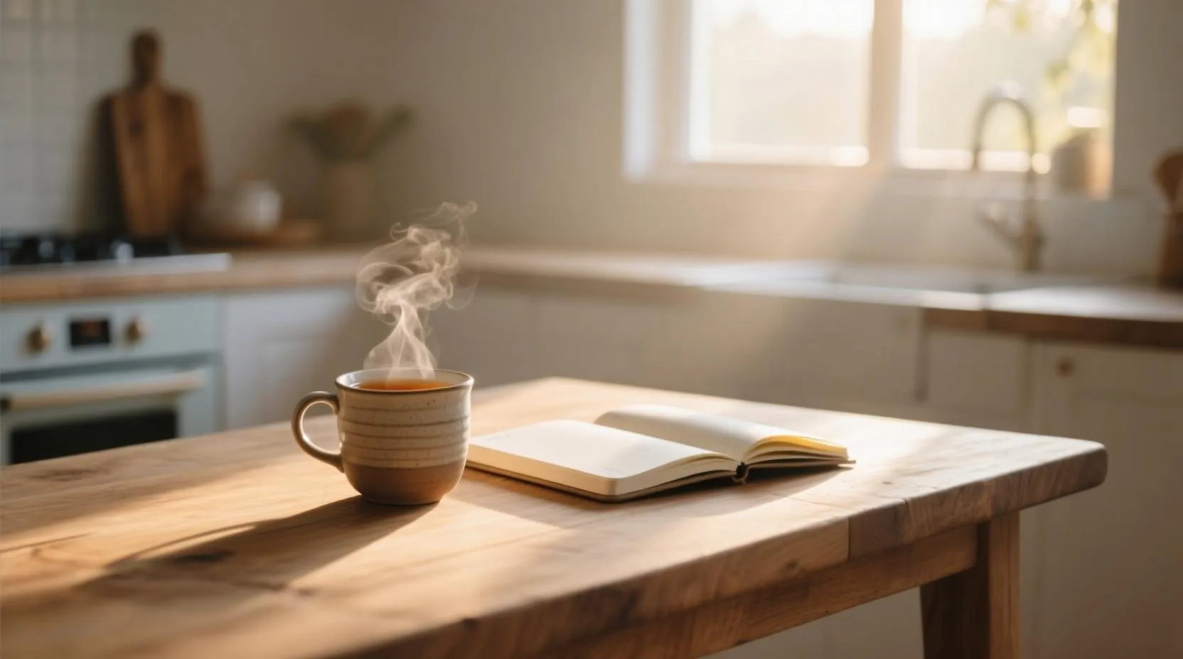 Minimal bir mutfakta, ahşap bir masanın üzerinde fincanlı çay, güneş ışığı ve açık bir günlük defteri, sakin bir sabah atmosferi