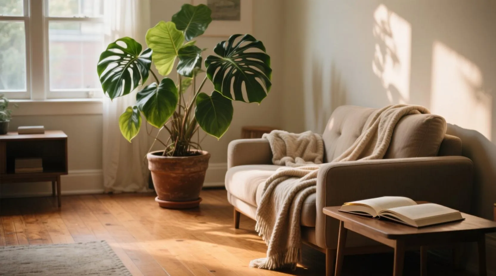 Ahşap zeminli bir oturma odasında, büyük bir yapraklı bitki, yumuşak dokulu bir battaniye ve açık bir kitap, ılık güneş ışığıyla aydınlatılmış