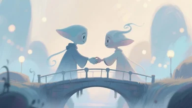 Pastel tonlarda, yumuşak mavi ve bej renklerle çizilmiş iki hayali karakter, birbirlerine sırtlarını dönmeden ellerini uzatarak bir köprü oluşturuyor. Arka planda hafif ışıklar ve güven dolu bir atmosfer hakim. Yüz ifadeleri sakin, çevreleri empati ve bağlılık temsilleriyle dolu.