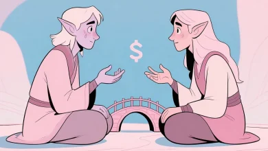 Pastel pembe ve mavi tonlarında, iki hayali karakterin karşılıklı oturup sakin bir şekilde el hareketleriyle konuşması. Aralarında küçük bir köprü simgesi var, anlayış ve iletişim temasını yansıtan yumuşak çizgili, çizgi roman tarzı illüstrasyon.