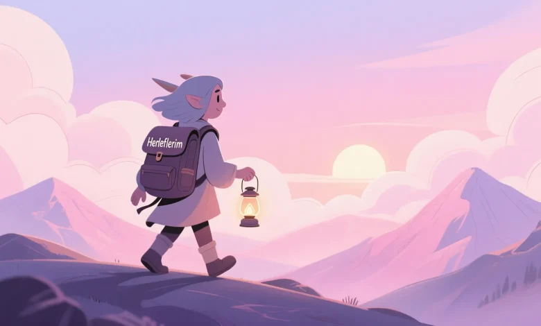 Pastel pembe ve lavanta tonlarında bir dağ manzarasında, küçük bir ışıklı fener taşıyan hayali bir karakter yürüyor. Karakterin sırtında, üzerine 'Hedeflerim' yazılı bir çanta var. Arka planda bulutlar arasında yükselen güneş, içsel motivasyonun sembolü olarak tasvir ediliyor. Renkler yumuşak, hafif çizgi tarzı, hayal dünyasına ait bir atmosfer.