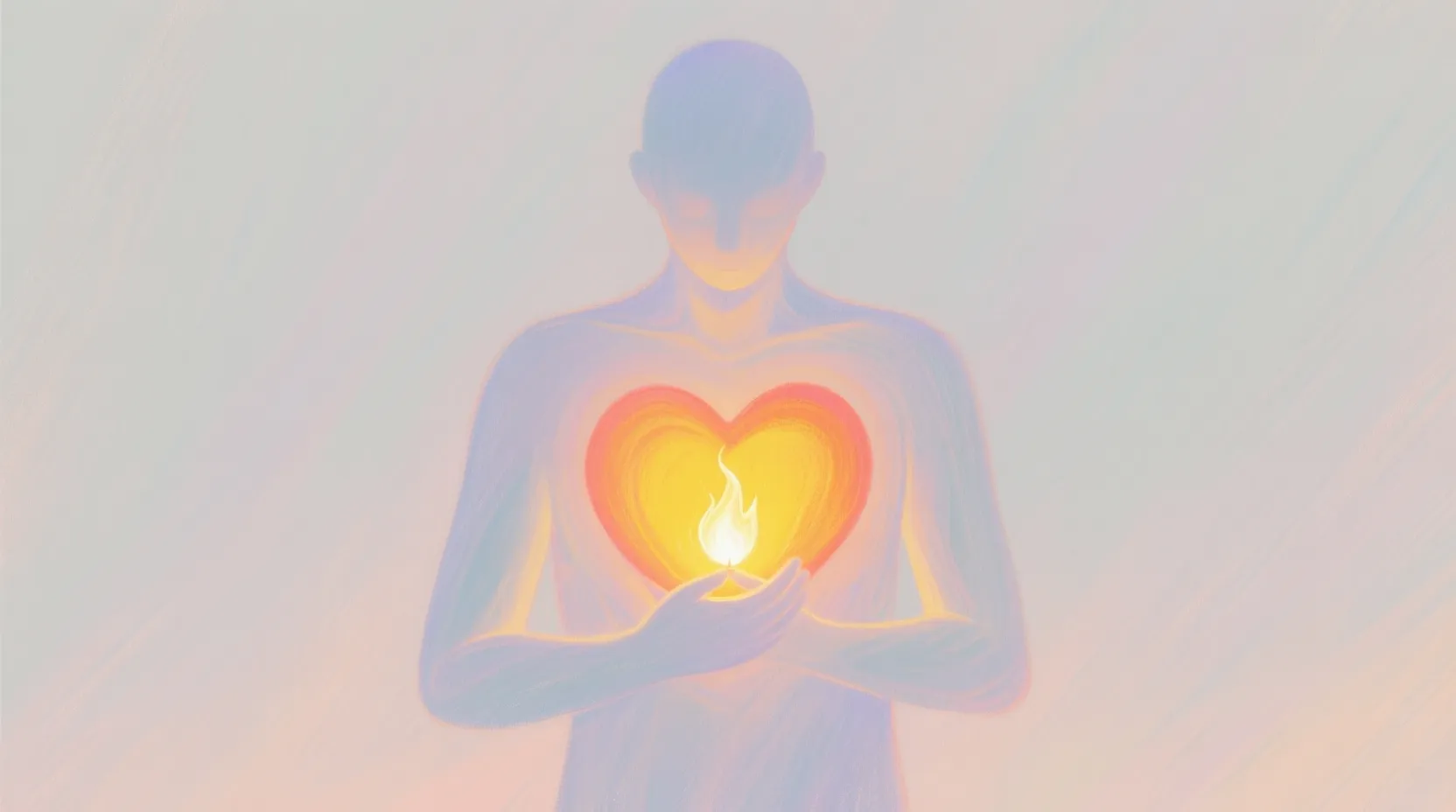Pastel sarı ve turuncu tonlarında, bir insan figürü içinde küçük bir alev barındıran kalp tutuyor.