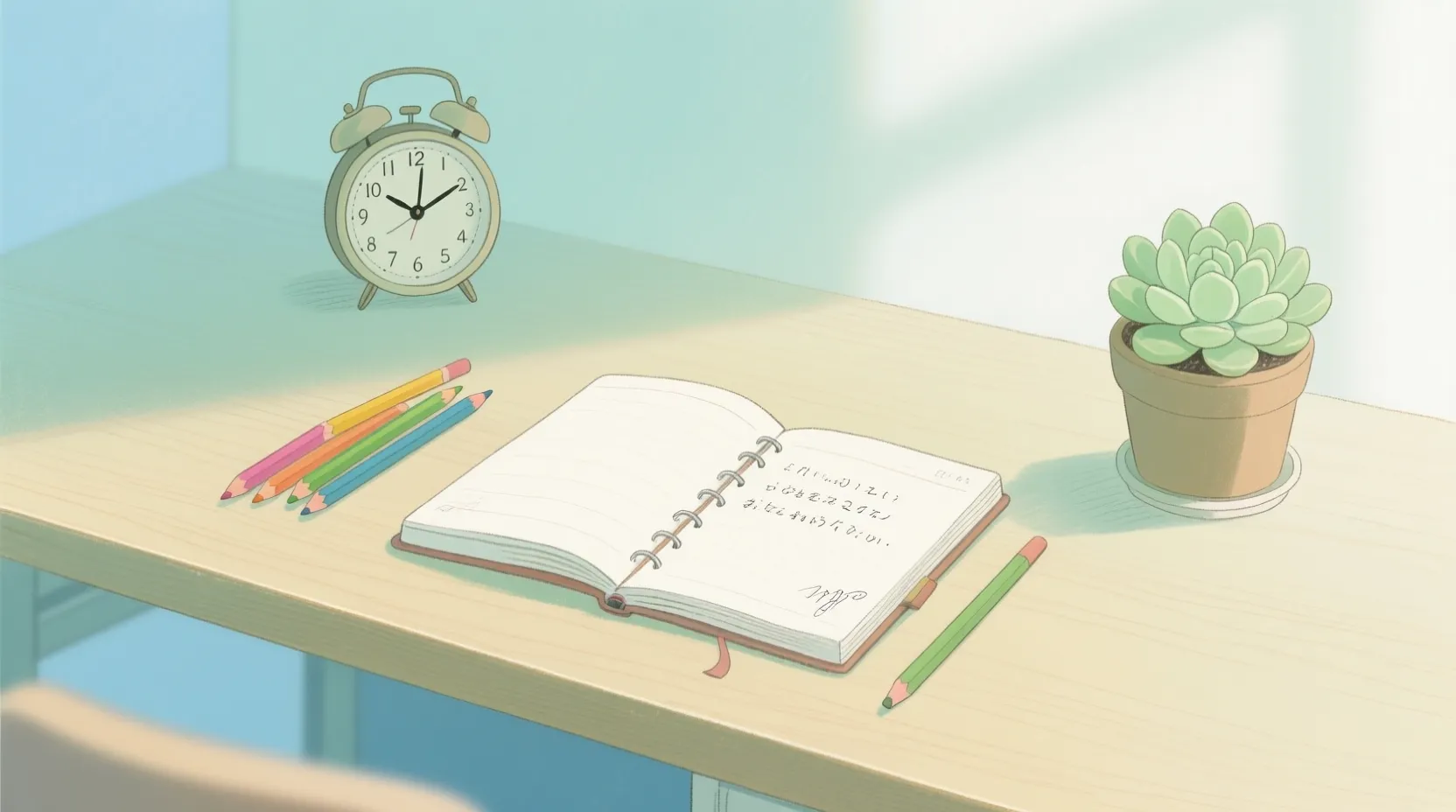 Pastel yeşil ve mavi tonlarında, bir masa üzerinde günlük, renkli kalem, saat ve küçük bir bitkiyle düzenlenmiş huzurlu bir çalışma alanı. 