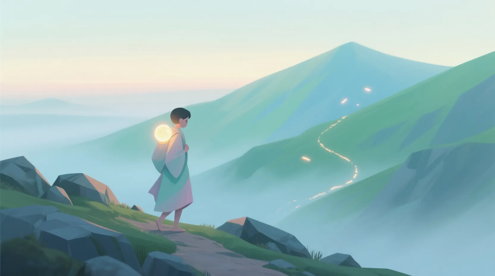 Pastel gri ve mavi tonlarında, bir karakter bir dağın yamacında ilerleyen Karakterin omzunda küçük bir ışık taşıyor.