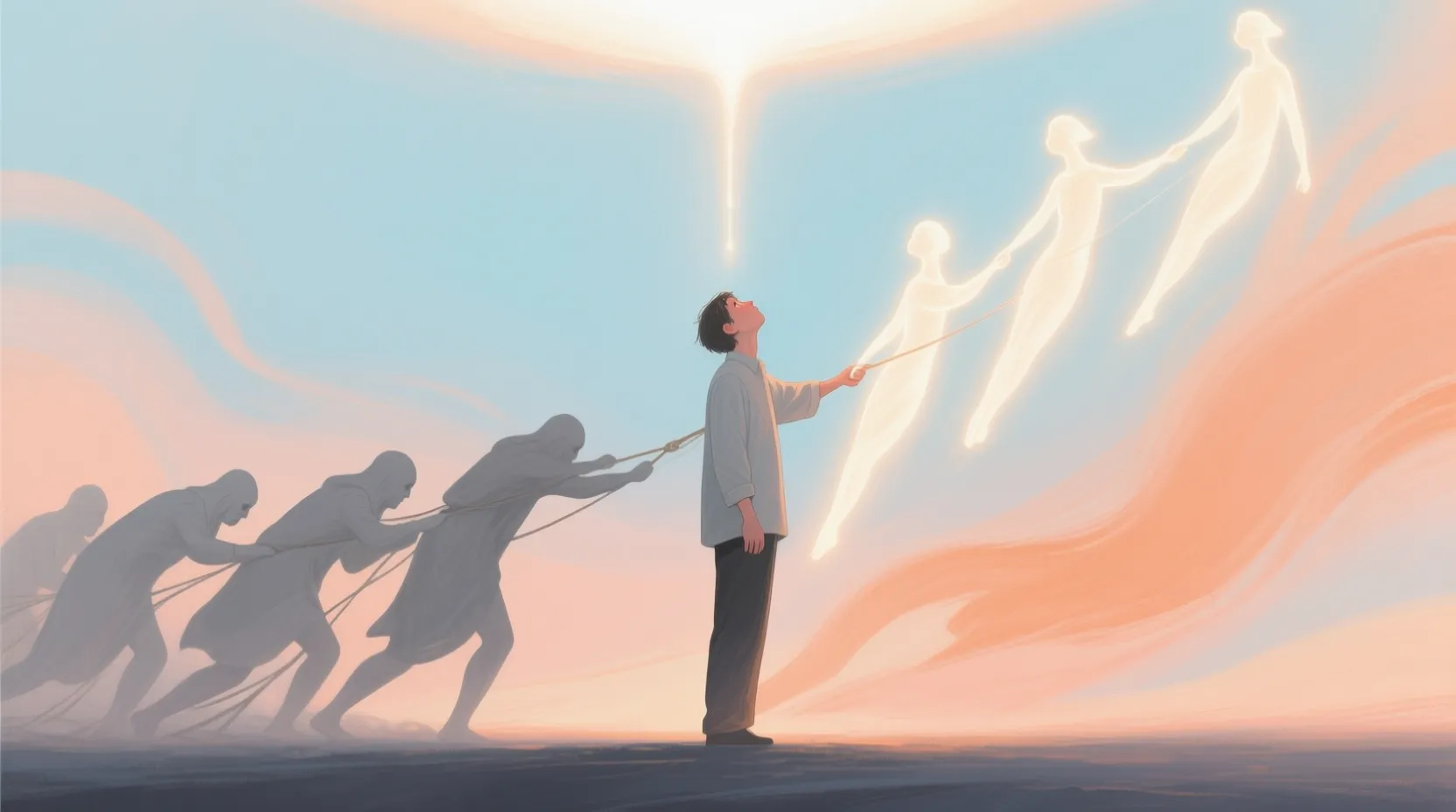 Pastel turuncu ve açık mavi tonlarında, bir kişi merkezde duruyor. Bir yanda onu yukarı çeken ışıklı figürler (destekleyenler), diğer yanda aşağı çeken gri figürler (olumsuz etki). Kişi, yukarı doğru bakıyor.