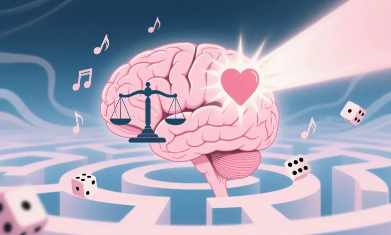 Pastel pembe ve mavi tonlarında, bir insan beyni temalı hayali bir sahne. Beynin sol tarafında bir terazi, sağ tarafında ise kalp ve ışık hüzmesi simgesi yer alıyor. Uçan notlar ve düşen zarlarla karar verme süreci metaforik olarak anlatılıyor. Arka planda yumuşak çizgilerle bir labirent şekli var, bilişsel karmaşayı temsil ediyor.