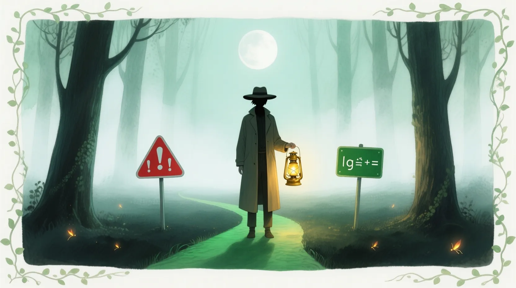 Pastel yeşil ve beyaz tonlarında, bir insan figürü elinde bir fener tutuyor. Önünde iki yol ayrılıyor: biri kırmızı işaretli (yanılgı), diğeri yeşil işaretli (mantık). Fener ışığı, doğru yolu aydınlatıyor.