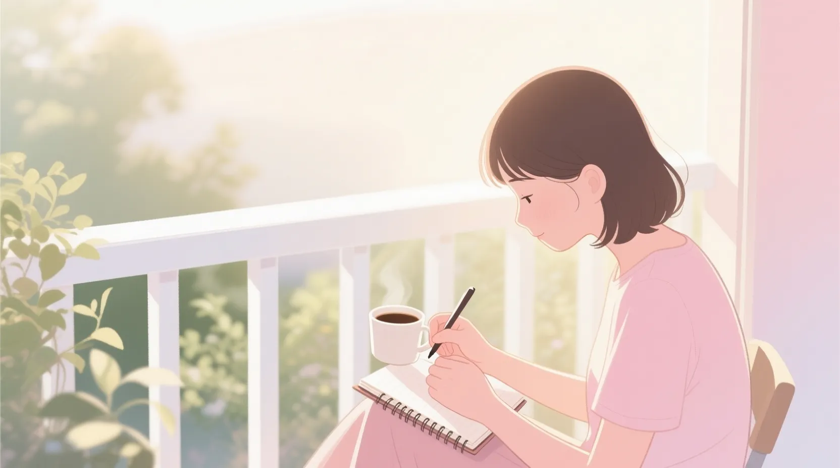 Pastel pembe ve krem tonlarında, bir kişi sabah güneşinde kahvesini yudumlarken not defterine yazıyor.  Huzurlu bir atmosfer.
