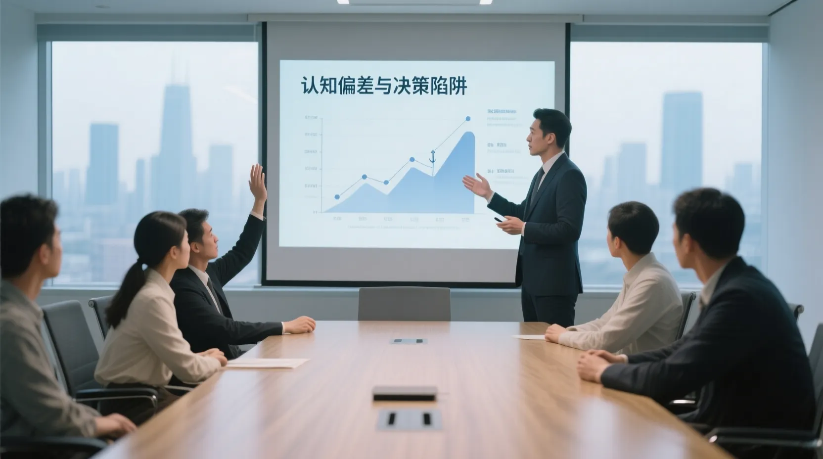 Pastel mavi ve gri tonlarında, bir ofis ortamı. Masada bir yönetici, çalışanlara sunum yapıyor. Karar verme sürecindeki bilişsel tuzaklar temsil ediliyor.