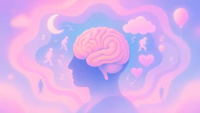 Pastel pembe, mavi ve lavanta tonlarında dalgalı bir zihin haritası. Merkezde bir beyin formu, etrafında uyku, rüya, duygu ve düşünce simgeleri döner. Hayali, soyut bir stil kullanılmış; gerçek insan veya fotoğraf değil, yumuşak ışıklar ve bulanık geçişlerle sakin bir atmosfer yansıtır.