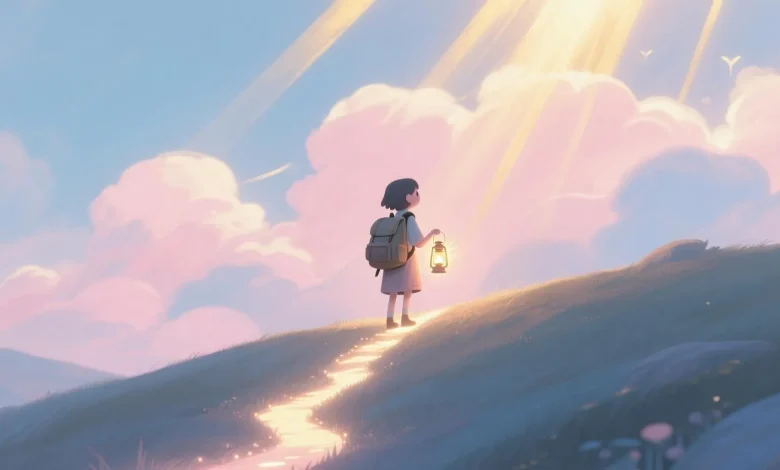 Pastel pembe ve mavi tonlarda, bir yamaçtan yukarı doğru yükselen ışıklı bir yol üzerinde duran küçük bir figür. Figürün omzunda bir sırt çantası var ve elinde ışıldayan bir fener tutuyor. Arka planda bulutların arasından süzülen altın ışık, umut ve yeniden doğuş temasını yansıtıyor. Stil: dijital illüstrasyon, yumuşak gölgeler, hayali karakter