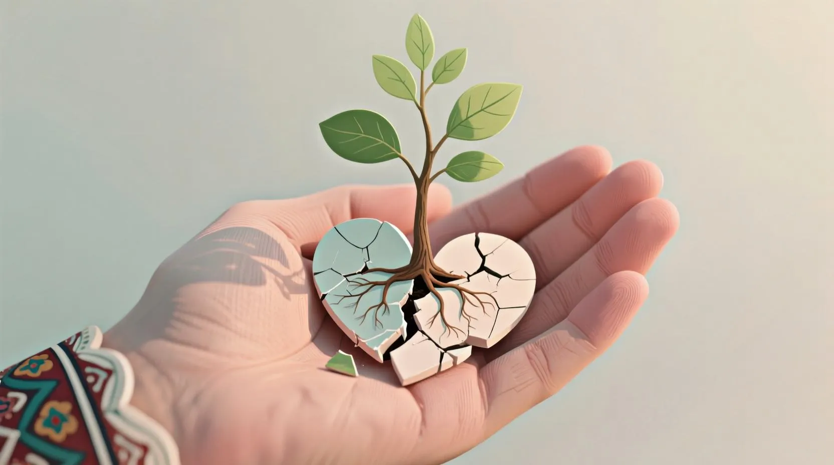 Bir elin içinde kırık bir kalp parçalarından yükselen küçük bir ağaç, büyüyen bir umut simgesi