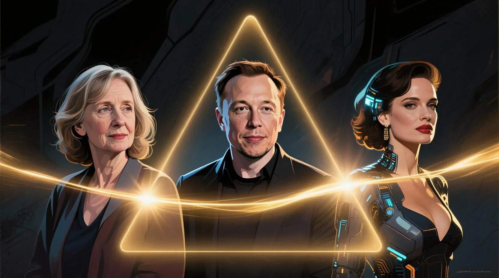Stilize edilmiş portreler: J.K. Rowling, Elon Musk, Demi Moore – hepsi bir ışık hüzmesiyle birleşiyor