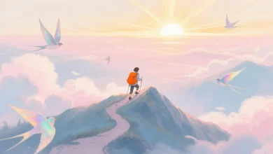 Pastel pembe ve mavi tonlarında bir dağ yolunu tırmanan küçük bir figür, üzerinde parlak turuncu bir sırt çantası var, ufukta güneş doğuyor, etrafta yumuşak bulutlar ve hayali kuşlar uçuşuyor, ilham verici, hayal ürünü bir manzara
