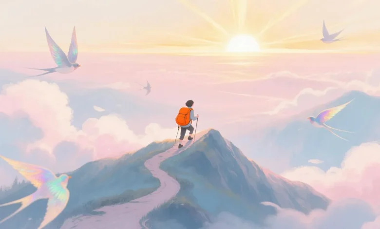 Pastel pembe ve mavi tonlarında bir dağ yolunu tırmanan küçük bir figür, üzerinde parlak turuncu bir sırt çantası var, ufukta güneş doğuyor, etrafta yumuşak bulutlar ve hayali kuşlar uçuşuyor, ilham verici, hayal ürünü bir manzara