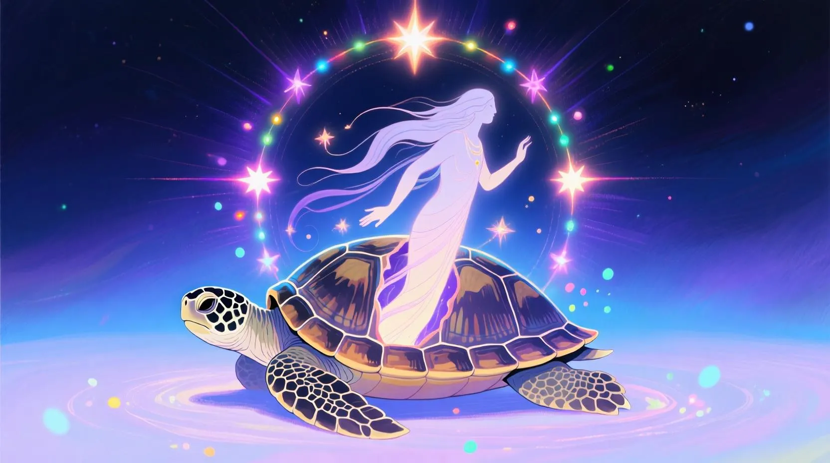 Bir kaplumbağa kabuğundan çıkan yumuşak çizgilerle çizilmiş bir figür, etrafında renkli ışıklar ve yıldızlar, dönüşüm teması