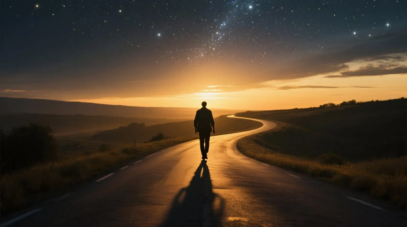 Yol üzerinde ilerleyen bir figür, arkasında güneş batarken, önünde yıldızlarla dolu bir gökyüzü, kararlılık teması
