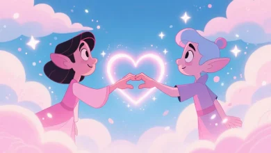 Pastel pembe ve mavi tonlarda, iki hayali karakter birbirine uzanan elleriyle kalp şeklinde ışık oluşturuyor; yumuşak bulutlar ve parıldayan yıldızlar arka planda, duygusal bağ ve anlayış teması işlenmiş, çizgi film tarzı ancak gerçekçi olmayan bir sahne