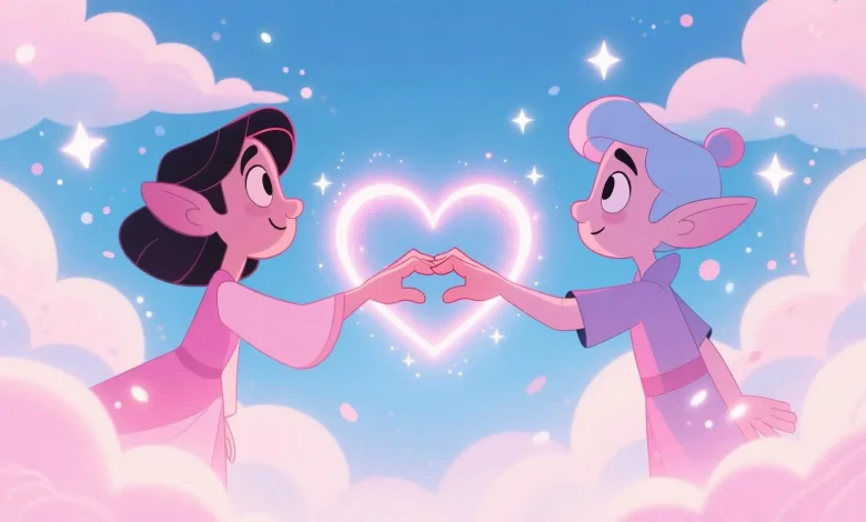 Pastel pembe ve mavi tonlarda, iki hayali karakter birbirine uzanan elleriyle kalp şeklinde ışık oluşturuyor; yumuşak bulutlar ve parıldayan yıldızlar arka planda, duygusal bağ ve anlayış teması işlenmiş, çizgi film tarzı ancak gerçekçi olmayan bir sahne