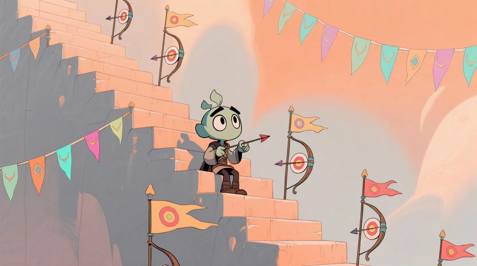 Bir merdivenin ilk basamağında duran bir hayali karakter, yukarıya doğru bakan gözlerle. Merdivenin her basamağında küçük bayraklarla işaretlenmiş hedefler var. Arka planda pastel turuncu ve açık gri tonlar hakim.