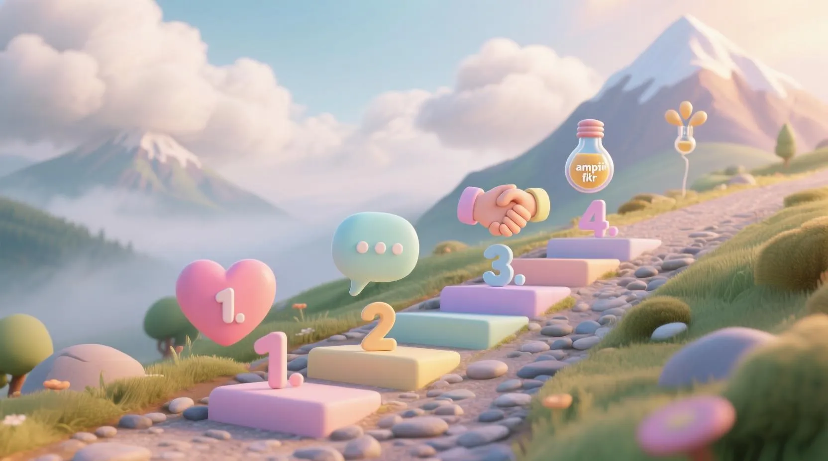 Hayali bir yol üzerinde numaralandırılmış 5 adım; her adımda pastel renkli simgeler (kalp, konuşma balonu, el sıkışma vb.) yer alıyor