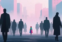 Pastel pembe ve mavi tonlarında soyut bir şehir manzarası. Yüzleri belirsiz insan figürleri, birbirine benzer kıyafetler giyiyor, aynı yöne bakıyor. Ortada küçük bir figür, farklı renklerde bir elbiseyle kendini dışlanmış gibi hissediyor. Hafif sisli bir atmosfer, duygusal izolasyonu simgeliyor.