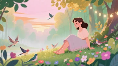 Pastel tonlarda çizilmiş bir orman kenarında ayakları çimlerde sallanan hayali bir kadın, yüzünde huzurlu bir gülümseme, etrafta yumuşak ışıklar, kuşlar ve çiçekler, doğa ile iç içe bir anı temsil eden illüstrasyon