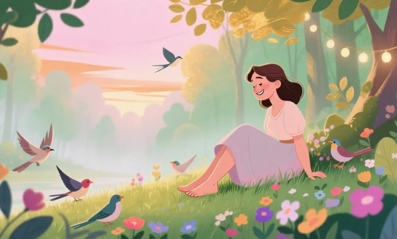 Pastel tonlarda çizilmiş bir orman kenarında ayakları çimlerde sallanan hayali bir kadın, yüzünde huzurlu bir gülümseme, etrafta yumuşak ışıklar, kuşlar ve çiçekler, doğa ile iç içe bir anı temsil eden illüstrasyon
