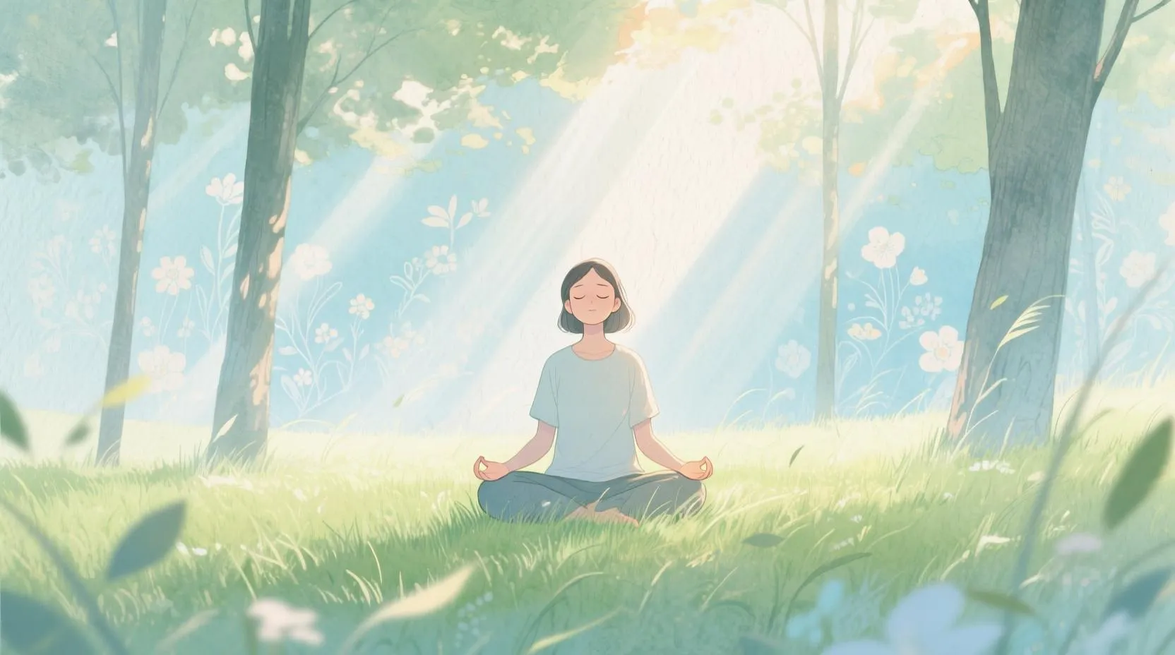 Bir kişinin gözlerini kapattığı, çimler üzerinde oturduğu, etrafında ağaçlar ve ışık hüzmesi olan pastel bir illüstrasyon