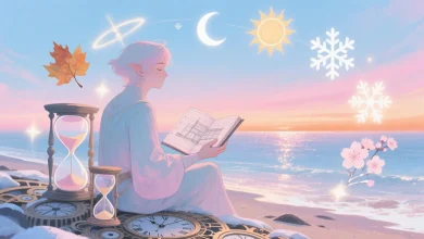 Pastel tonlarda tasarlanmış hayali bir karakter, saatlerle kaplı bir sahilde oturuyor, elinde bir plan defteri tutuyor, yüzünde huzurlu bir ifade var, çevresinde zamanı temsil eden semboller (kum saati, güneş, ay, mevsimler) hafifçe parlıyor, arka planda pastel mavi, pembe ve turuncu tonlarda bir gökyüzü