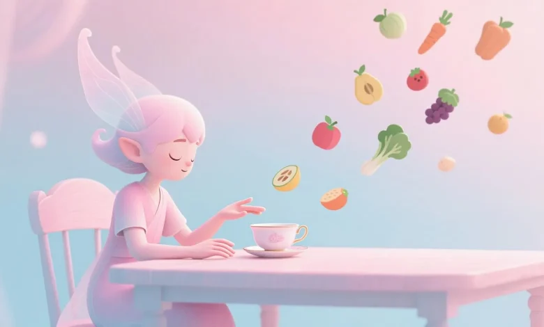 Pastel pembe ve açık mavi tonlarında bir masa başında oturan hayali bir karakter, ellerini bir bardak çaya doğru uzatırken, etrafında yüzen küçük meyve ve sebze simgeleri, yumuşak ışıkla aydınlatılmış, meditatif bir atmosferde, dikkatle yemek yeme temalı bir illüstrasyon.
