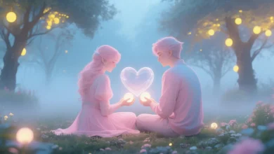 Pastel pembe ve mavi tonlarında bir çift, hafif sisli bir bahçede sırt sırta oturuyor. Ellerinde küçük ışık küreleri tutuyorlar. Aralarında şeffaf bir kalp şekli beliriyor. Arka planda yumuşak sarı ışıklarla aydınlatılmış ağaçlar var. Stil: dijital illüstrasyon, hayali karakterler, duygusal atmosfer, pastel renk paleti.
