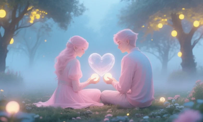Pastel pembe ve mavi tonlarında bir çift, hafif sisli bir bahçede sırt sırta oturuyor. Ellerinde küçük ışık küreleri tutuyorlar. Aralarında şeffaf bir kalp şekli beliriyor. Arka planda yumuşak sarı ışıklarla aydınlatılmış ağaçlar var. Stil: dijital illüstrasyon, hayali karakterler, duygusal atmosfer, pastel renk paleti.