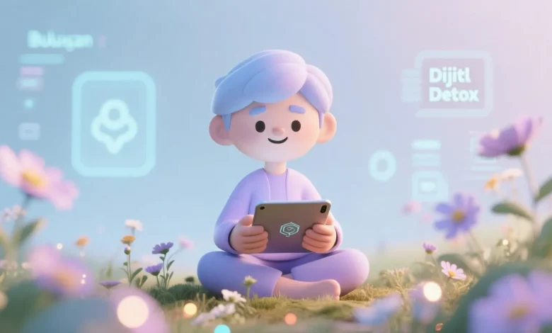 Pastel tonlarda, hafif mavi ve lavanta rengi armonisi içinde oturan bir karakter, elinde küçük bir tablet tutuyor ama gülümseyerek doğaya bakıyor. Arka planda dijital simgeler bulanıklaşmış, gerçek dünyayı temsil eden çiçekler ve ışık ışıltıları öne çıkıyor. Yumuşak çizgiler, meditasyon havası, dijital detoks teması
