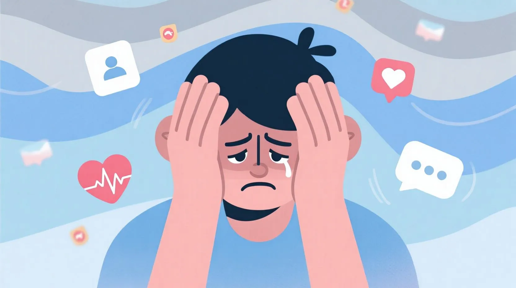 Gri ve mavi tonlarda, başı ağrıyormuş gibi tutan bir karakter, etrafında uçuşan bildirim simgeleri, kalp atışları, mesaj ikonları. Pastel arka plan, stresi temsil eden kaotik ama yumuşak çizgiler