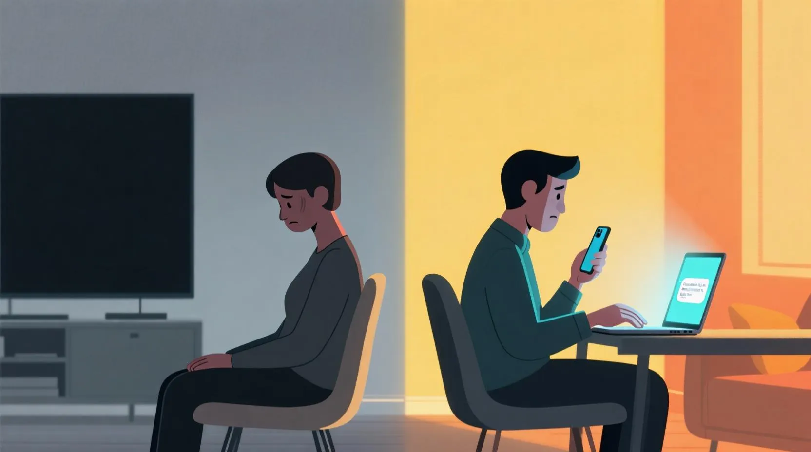 İki karakter. Soldaki pasif, koltukta oturuyor, ekrana boş boş bakıyor. Sağdaki aktif, bir mesaj yazıyor, bir arkadaşla video görüşmesi yapıyor. Arka planda renkler solda gri, sağda sarı ve turuncu