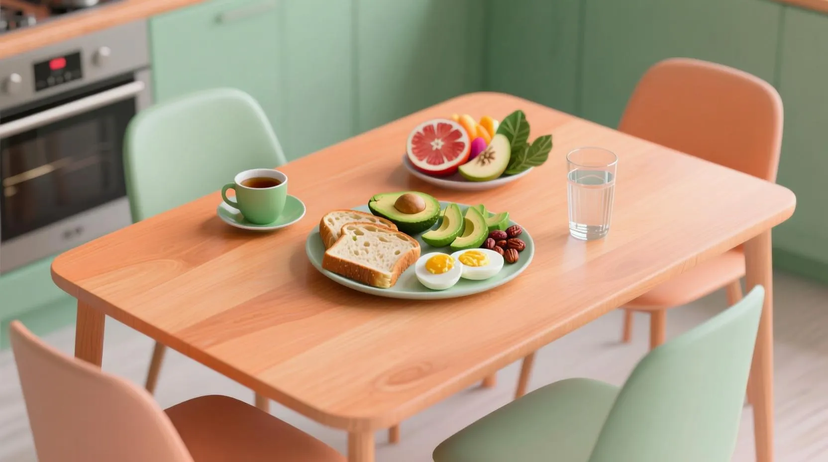Açık turuncu ve yeşil tonlarında bir mutfak masası. Tabakta tam buğday ekmeği, avokado, haşlanmış yumurta ve taze meyve. Bir bardak su ve yeşil çay yanında. Pastel stilli, gerçekçi olmayan bir çizim.