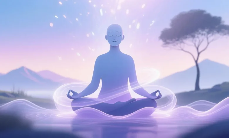 Pastel tonlarda hayali bir meditasyon sahnesi: yumuşak mavi ve mor gökyüzü altında, gözleri kapalı, hafifçe gülümseyen soyut bir figür, etrafında hafifçe uçuşan ışık parçacıkları ve sessizliği temsil eden dalgalı şeffaf enerji halkaları. Arka planda minimalist doğa öğeleri: tek bir ağaç, uzakta dağ silüeti. Stil: dijital illüstrasyon, rüya gibi, sakinleştirici.